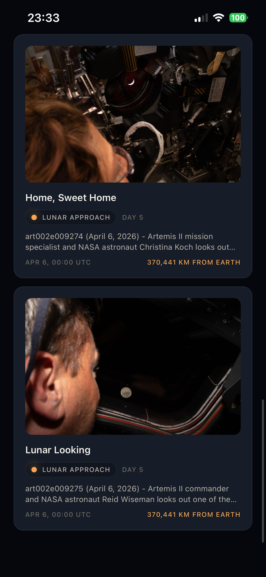 Mission gallery with real NASA photos from the Artemis II crew